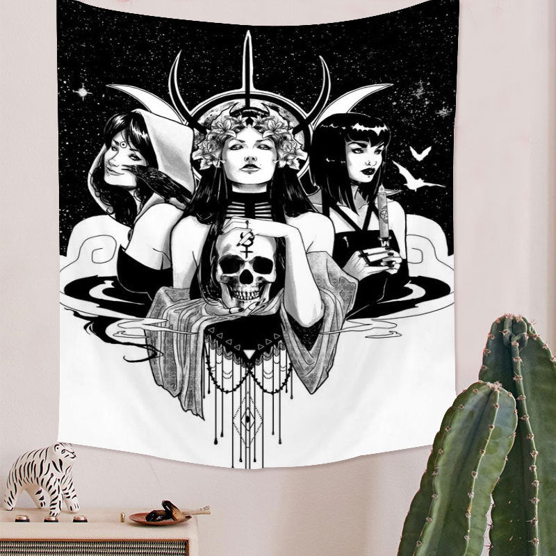 Girl Skull Black And White Style Print Home Decor Fabric Tapestry Beach