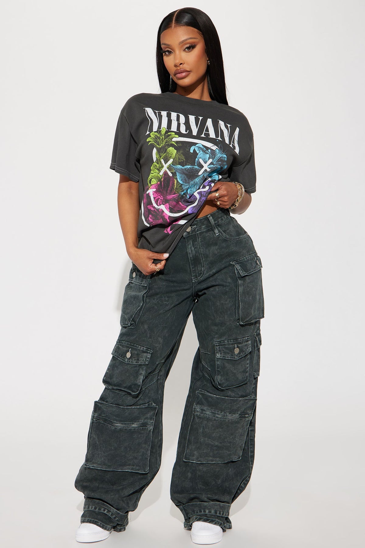 Nirvana Rainbow Floral Smiley Tee - Black Wash