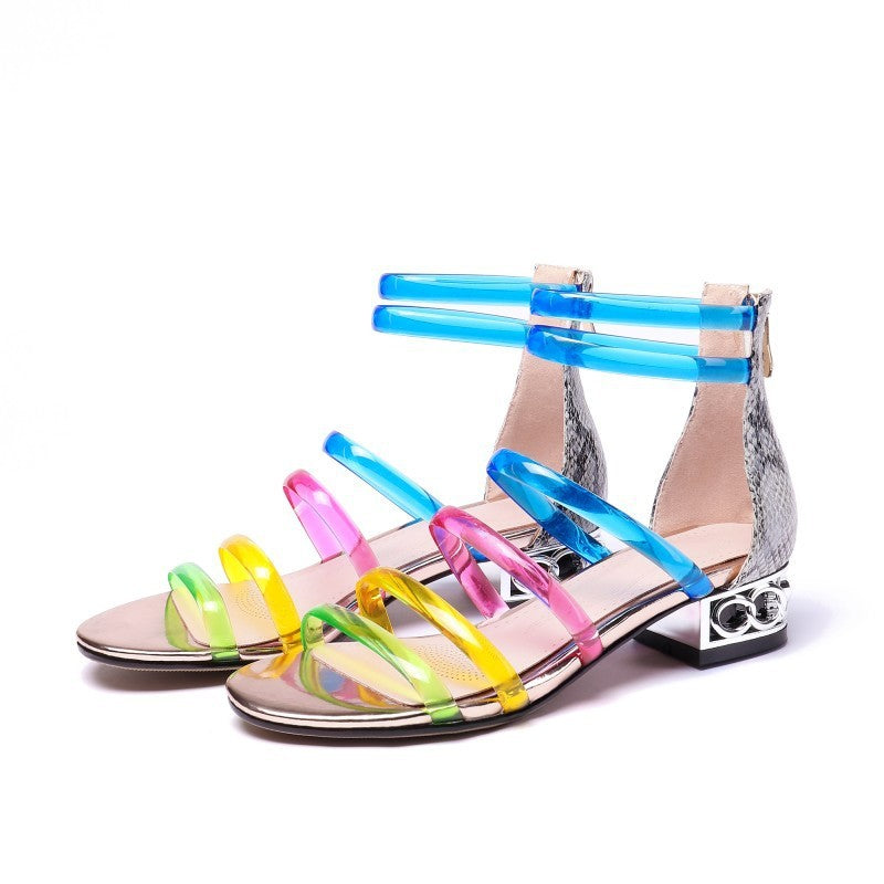 Low Heel Rainbow Color Transparent Jelly Strap Sandals