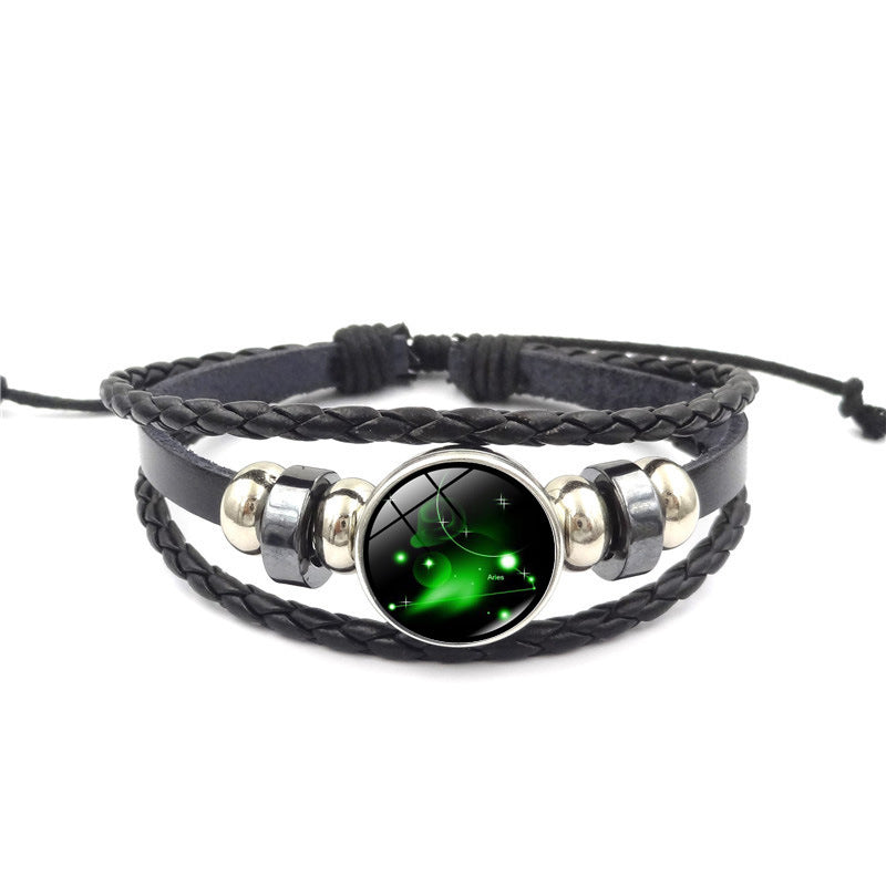 Women Fashion 12 Constellation Handmade Leather Bracelets Black Weave Multi Layer Punk Rock 12 Zodiac Charms Jewelry