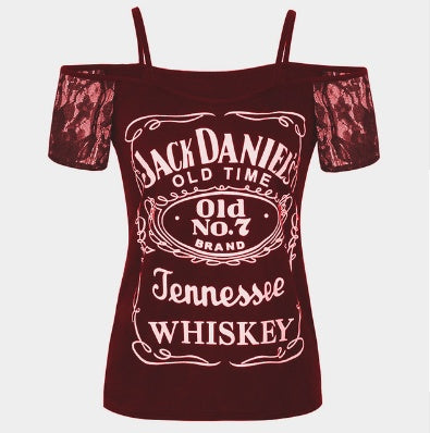 Smooth As Whiskey Cold Shoulder Lace Short Sleeved Casual Graphic Print Tee Shirt