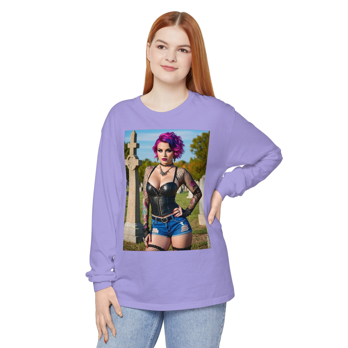 Goth Graveyard Girl - Design Fourteen- Unisex Garment-dyed Long Sleeve T-Shirt