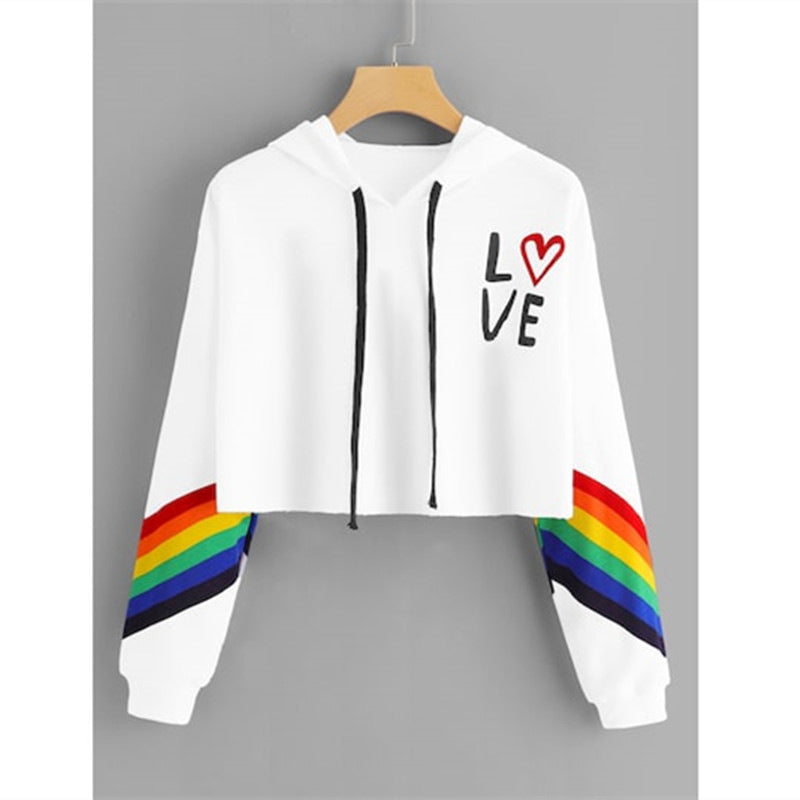 Rainbow Striped Love Pullover Cropped Graphic Print Sweatshirt