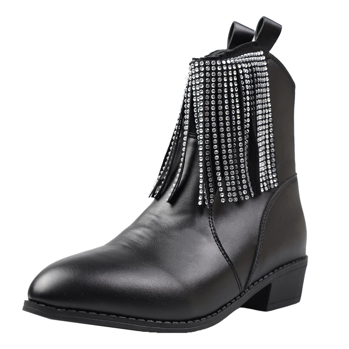 Tassel Rhinestone Short Boots Women's Mid Heel Thick Heel