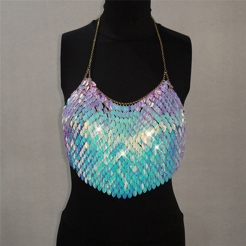 Sexy Iridescent Sequin Festival Fashion Halter Sling Backless Bandana Top