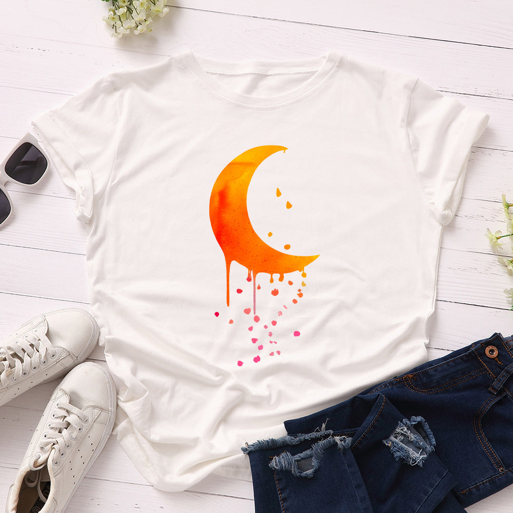 Orange Crescent Moon Witchy Vibes Round Neck Short Sleeved Graphic Print Tee Shirt