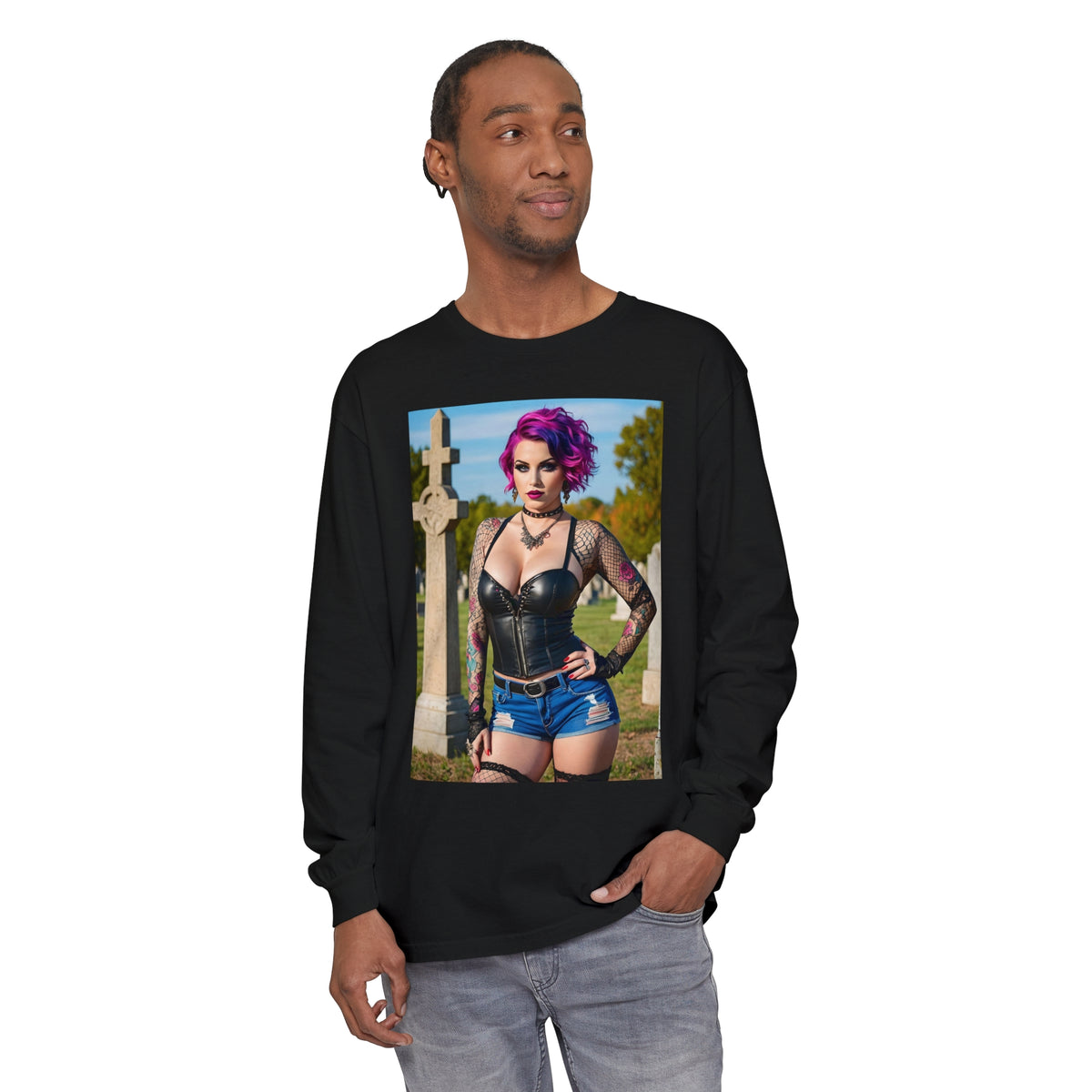 Goth Graveyard Girl - Design Fourteen- Unisex Garment-dyed Long Sleeve T-Shirt