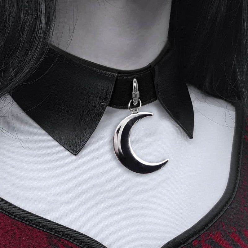 Punk Rock Leather Collar Choker Crescent Moon Pendant Necklace