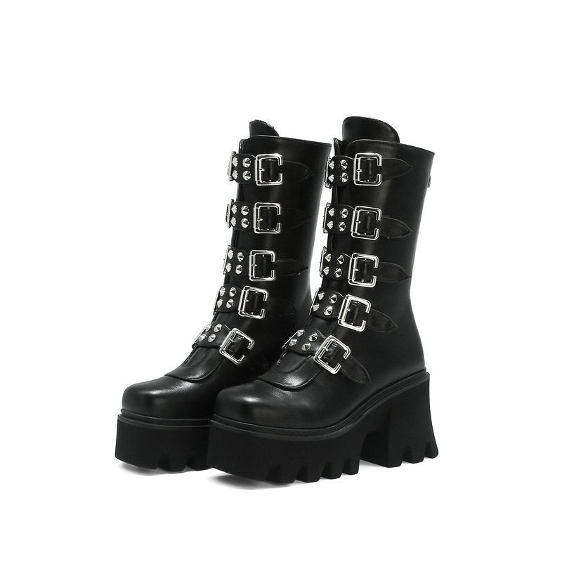 Punk Style Front Buckle Detail Regular Platform Women's Boots