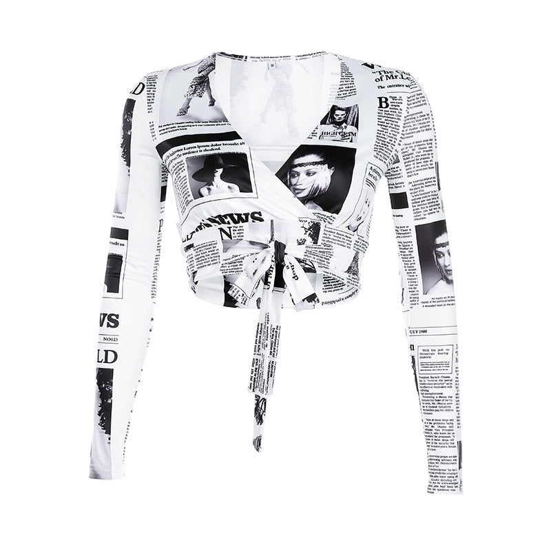 Sexy Printed Newspaper Style Graphic All Over Print Tie Front Long Sleeve Nightclub Style Crop Top