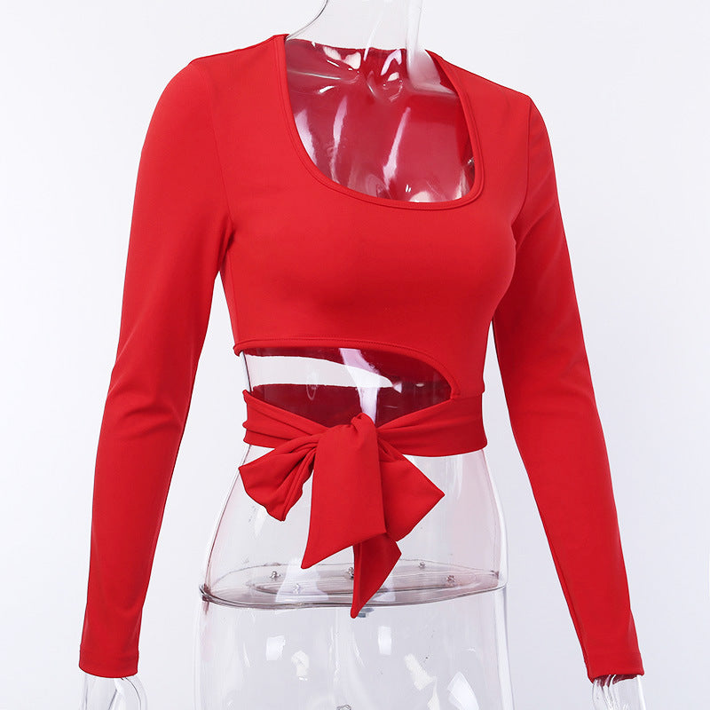 Women's Round Neck Long Sleeve Side Tie Sexy Crop Top