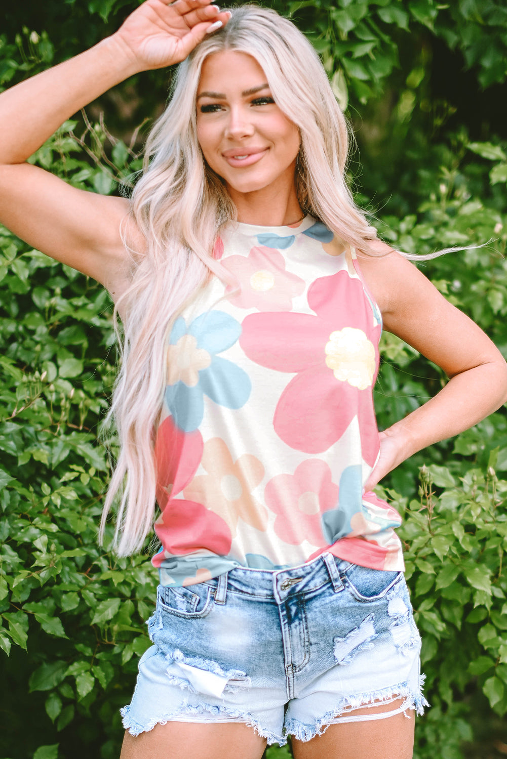 Pink Floral Print Sleeveless Top | Round Neck Women’s Blouse