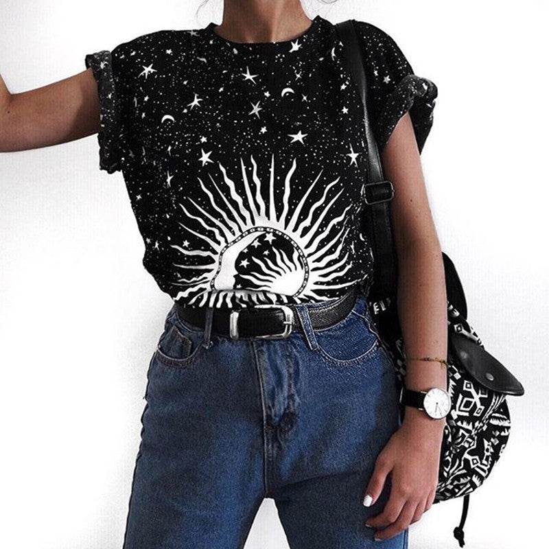 Galaxy All Over Print Starry Sky With Sun And Moon Round Neck Short Sleeved Graphic Print Tee Shirt