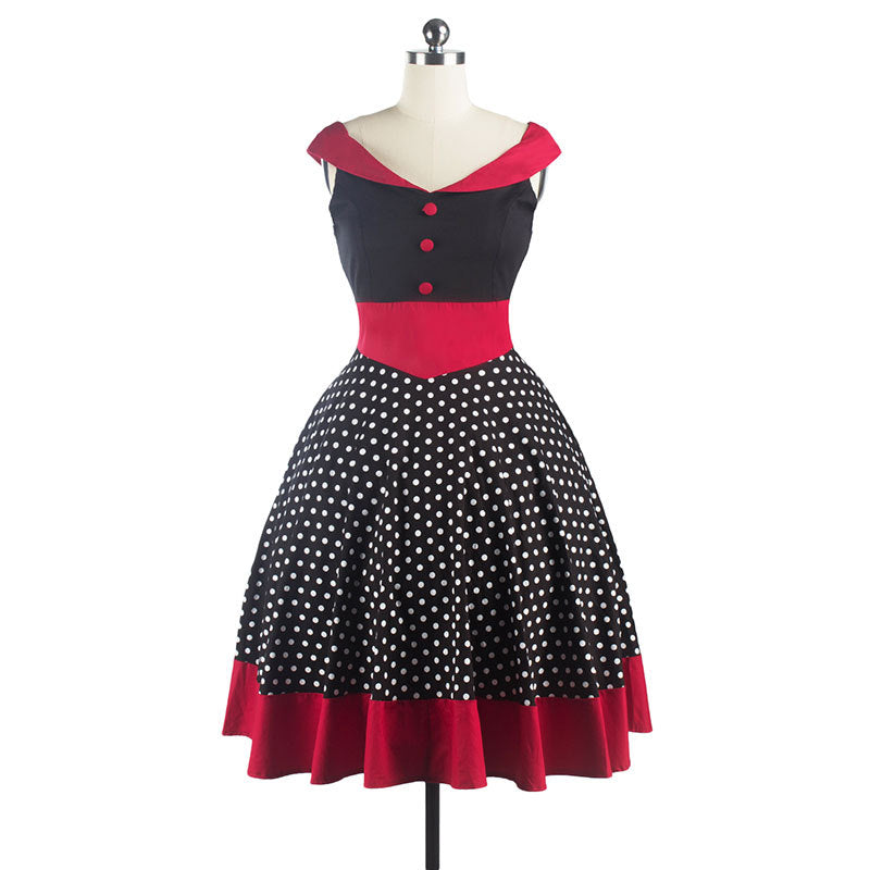 Hepburn Style Cap Sleeve Polka Dot Red Trim Dress