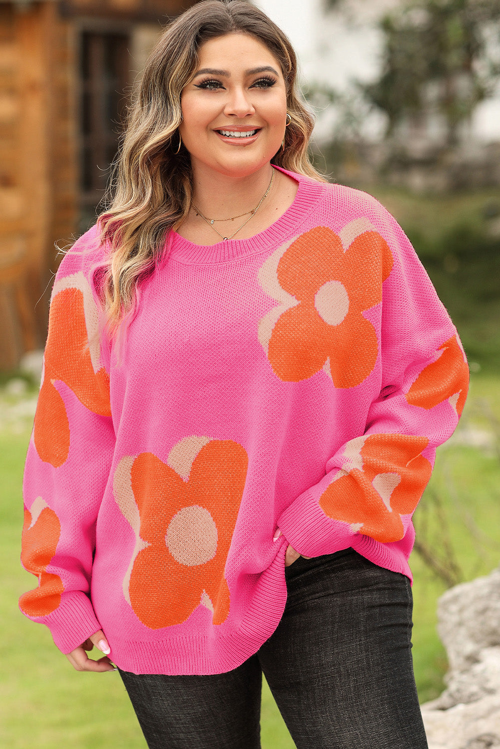 Camel Flower Pattern Slouchy Sweater