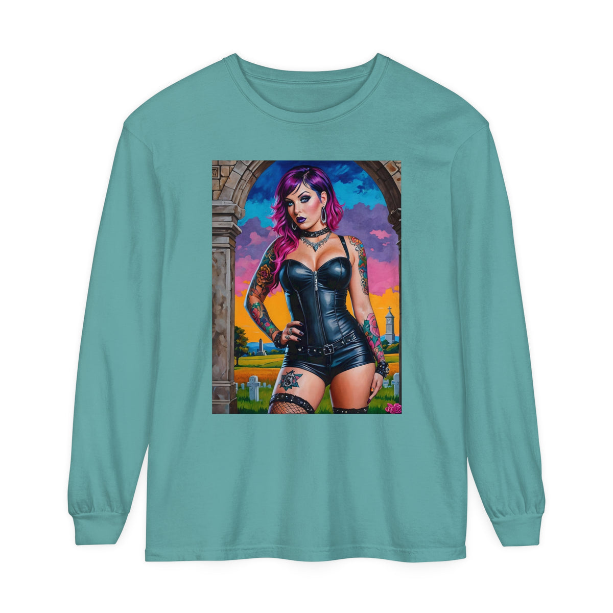 Goth Graveyard Girl Series - Design Three - Unisex Garment-dyed Long Sleeve T-Shirt