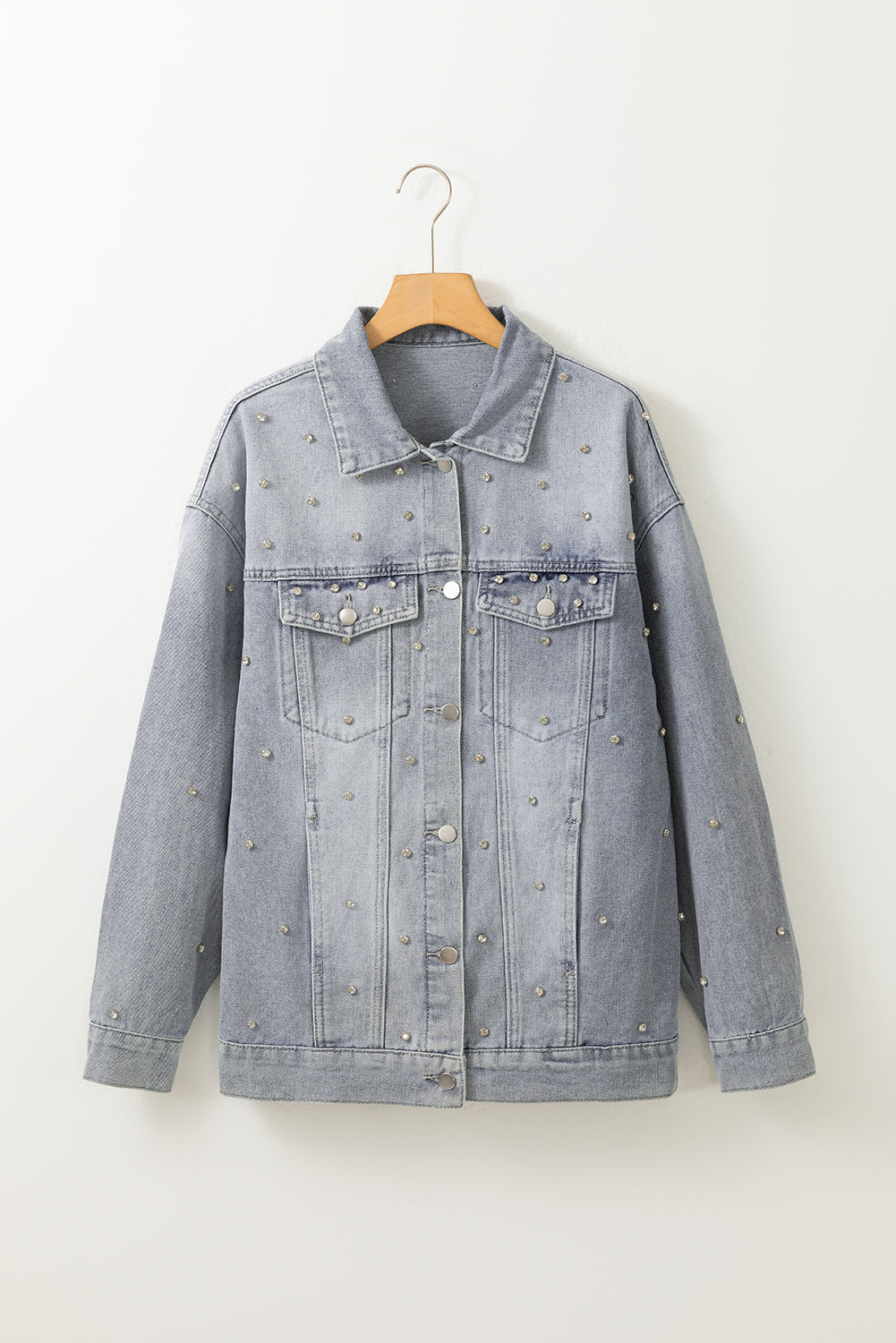 Dusk Blue Rhinestone Embellished Flap Pocket Denim Jacket