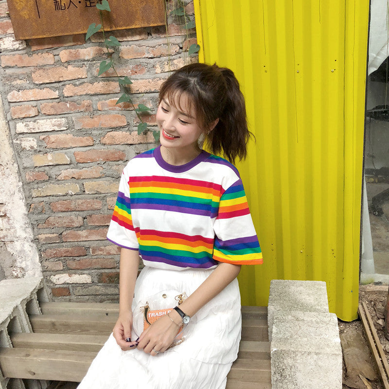 Over The Rainbow Over Sized Horizontal Stripe Printed Short Sleeved Graphic Tee Shirt