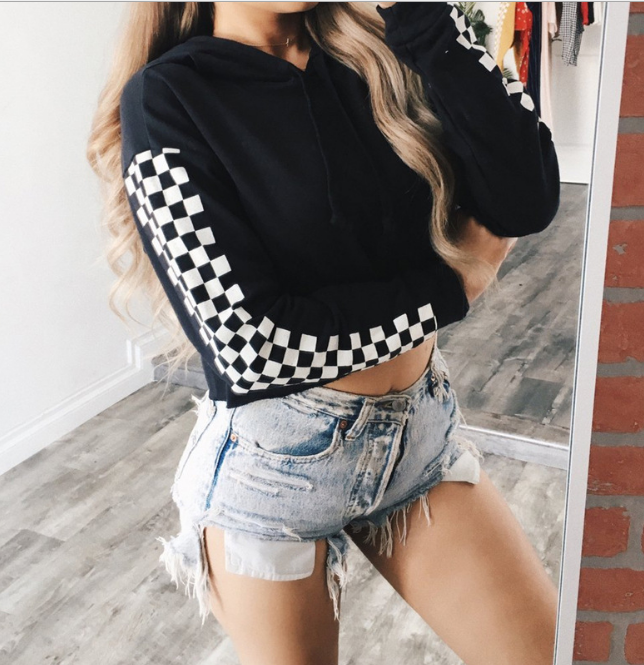 Checkered Sleeves Long Sleeved Crop Hoodie Sweatshirt