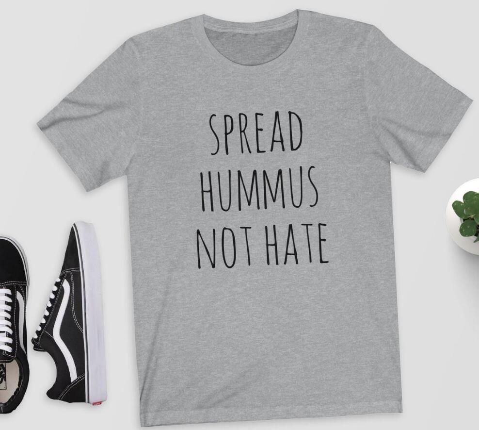 Spread Hummus Not Hate Slogan Round Neck Graphic Print Short Sleeved Tee Shirt