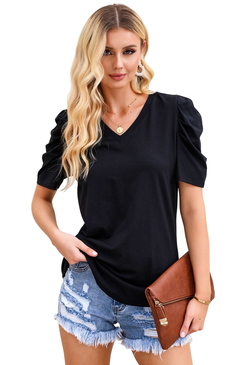 Rose Puff Sleeve V-Neck T-Shirt