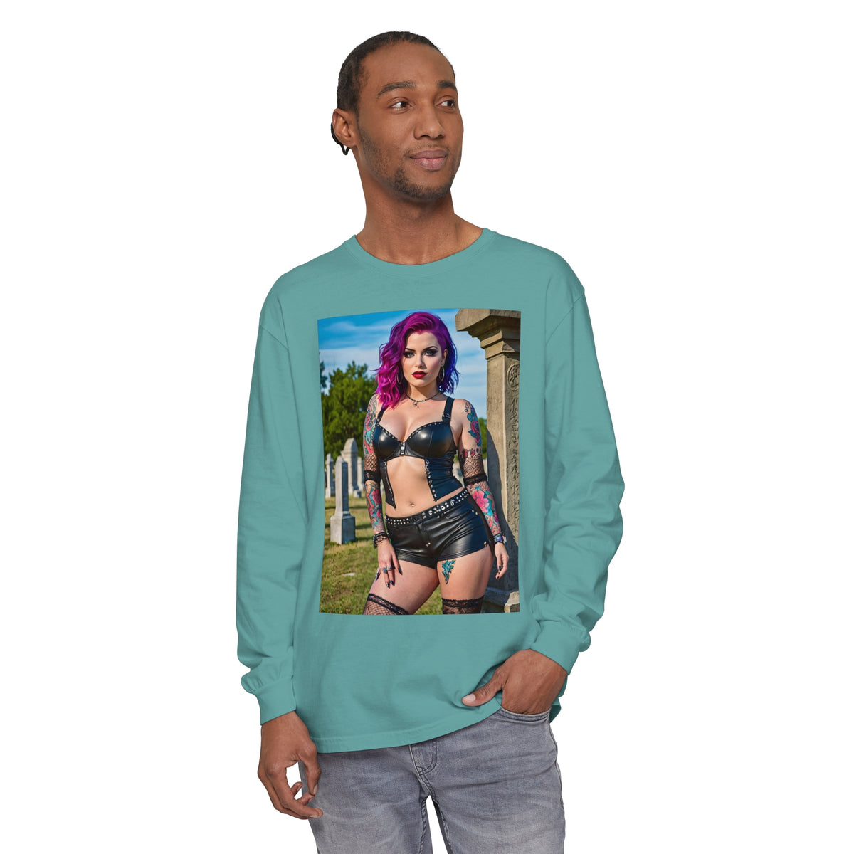 Goth Graveyard Girls Series - Design One - Unisex Garment-dyed Long Sleeve T-Shirt