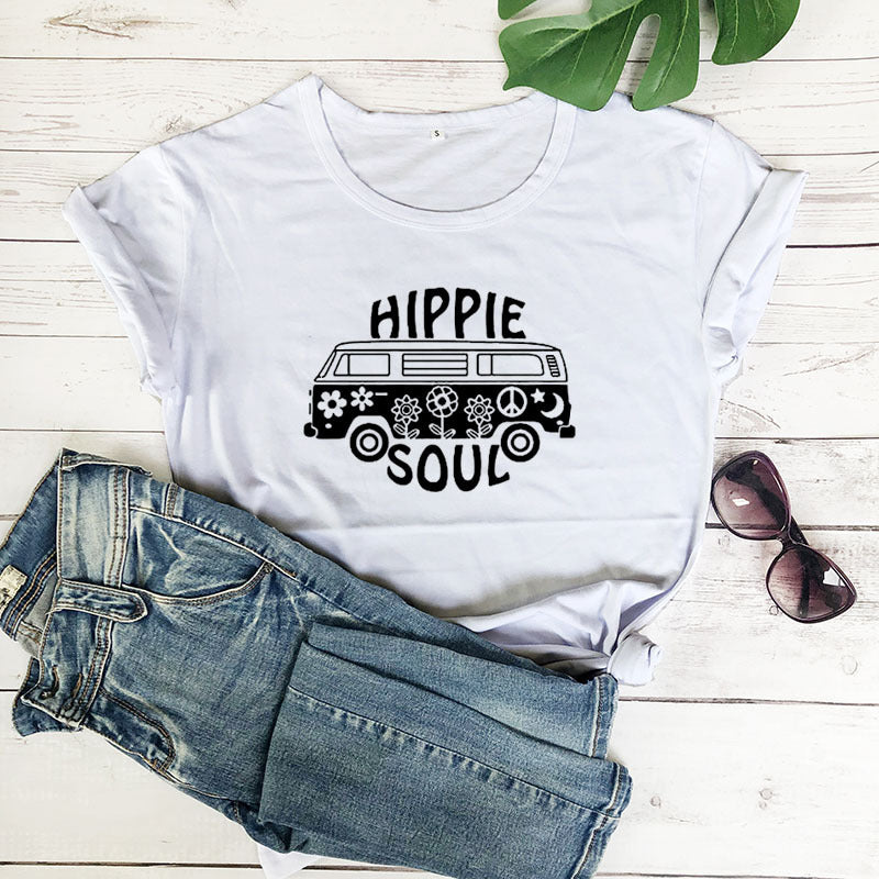 Hippie Soul Casual Round Neck Short Sleeved Graphic Print Tee Shirt