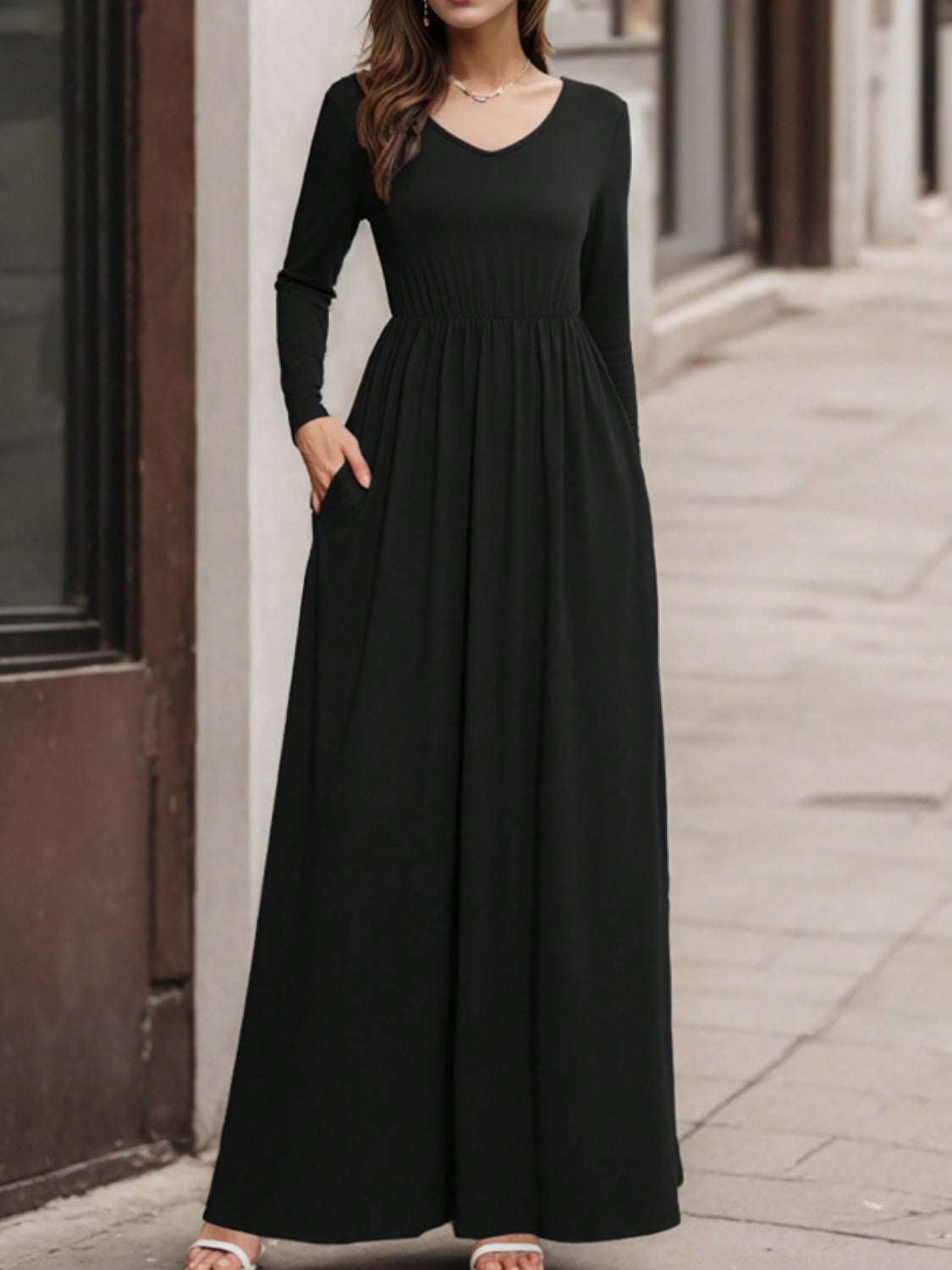Pocketed V-Neck Long Sleeve Maxi Dress