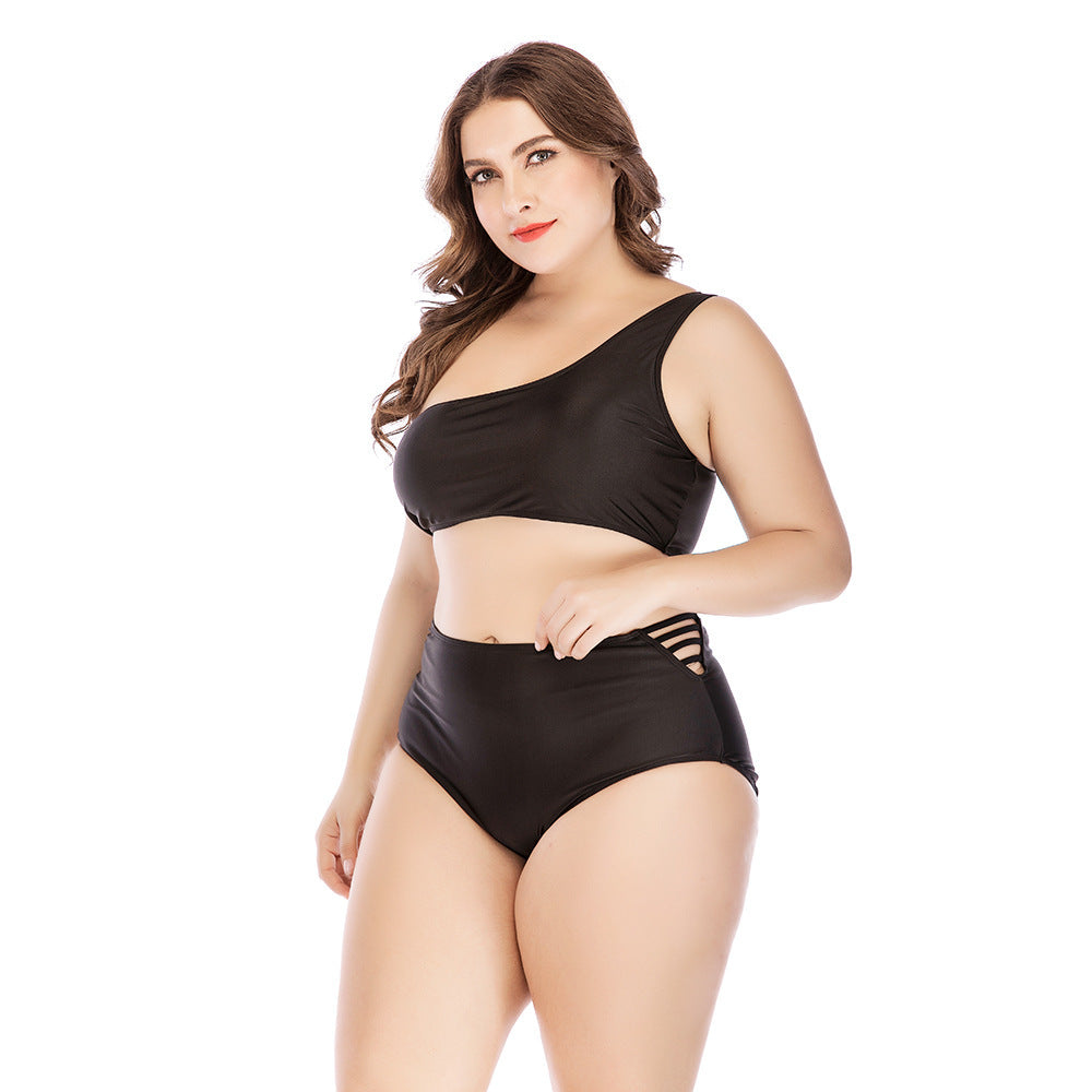 Plus Size High Waisted One Shoulder Cross Back Detail Bikini Swimsuit