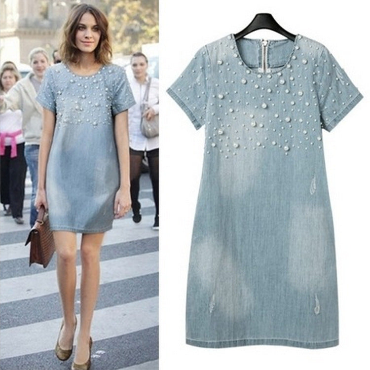 Denim And Pearls Short Sleeved Faded Denim Minidress