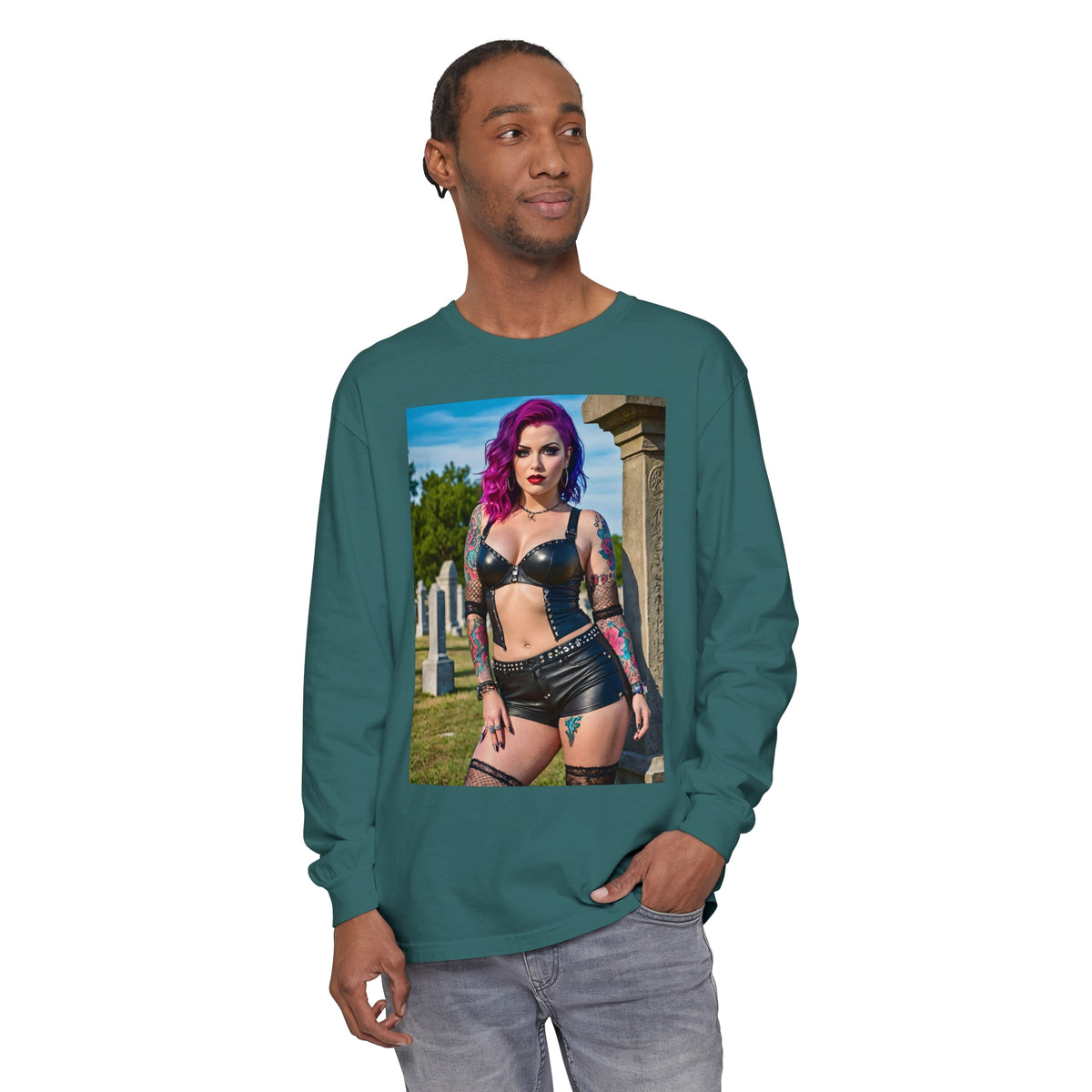 Goth Graveyard Girls Series - Design One - Unisex Garment-dyed Long Sleeve T-Shirt