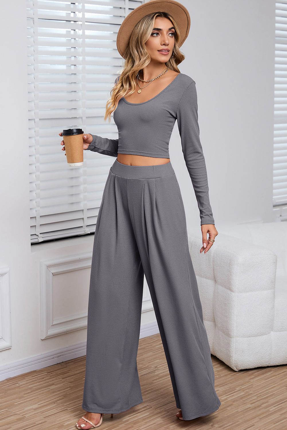 Gray Plain Ribbed Crop Top & Wide Leg Pants Two Piece Pants Set