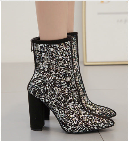 Rhinestone Studded High Heel Ankle Boots