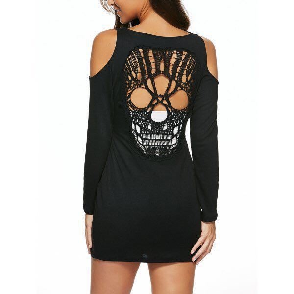 Little Black Skeleton Key Cold Shoulder Long Sleeved Slim Fit Tunic Dress