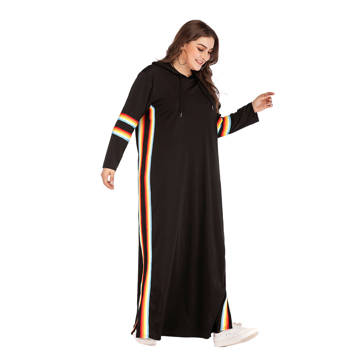 Long Sleeve Rainbow Trim Hoodie Sweatshirt Maxi Dress