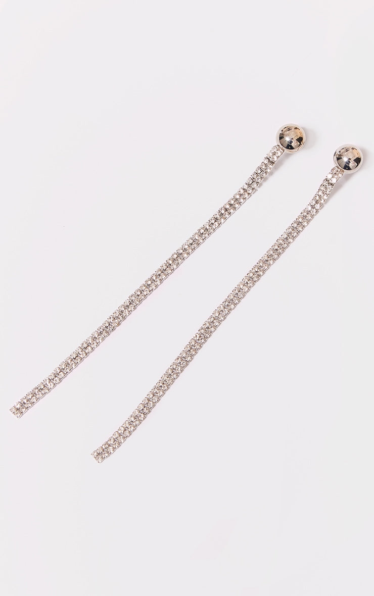 Silver Stud Diamante Long Tassel Statement Earrings