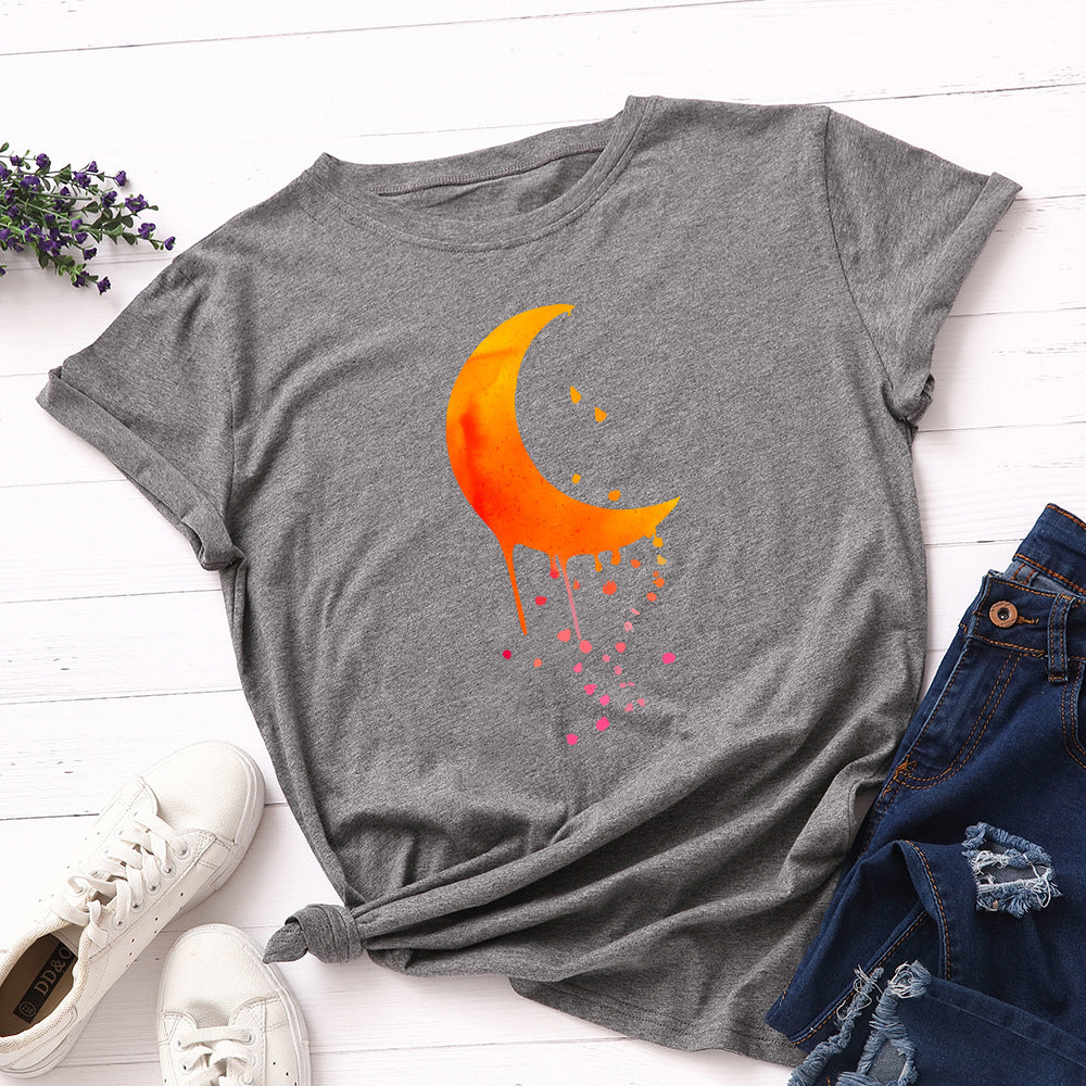 Orange Crescent Moon Witchy Vibes Round Neck Short Sleeved Graphic Print Tee Shirt