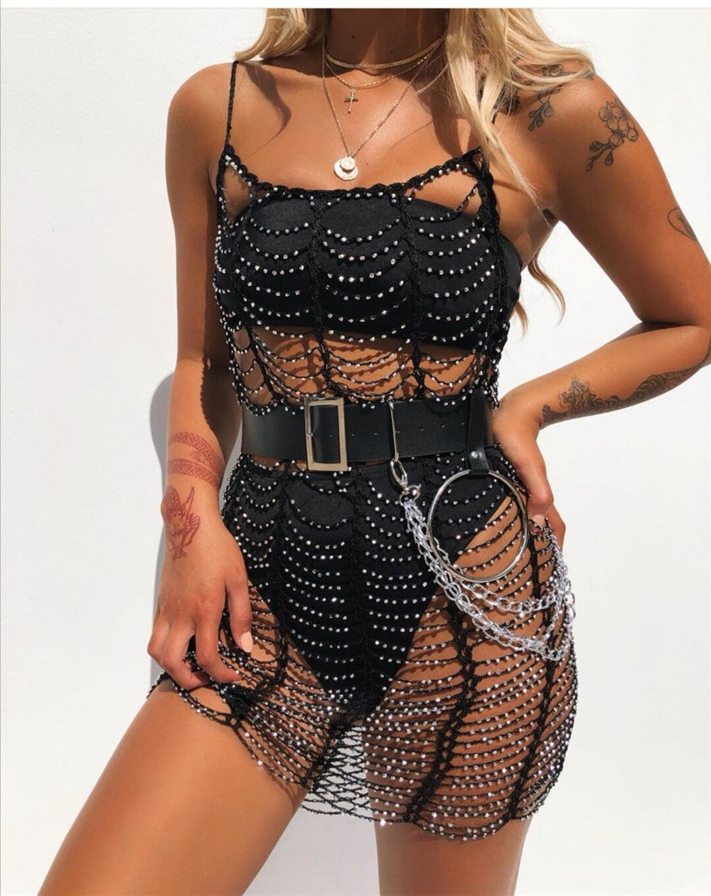 Beaded Stacked Sheer Pool Bikini Cover Up Sexy Beachwear Mini Dress