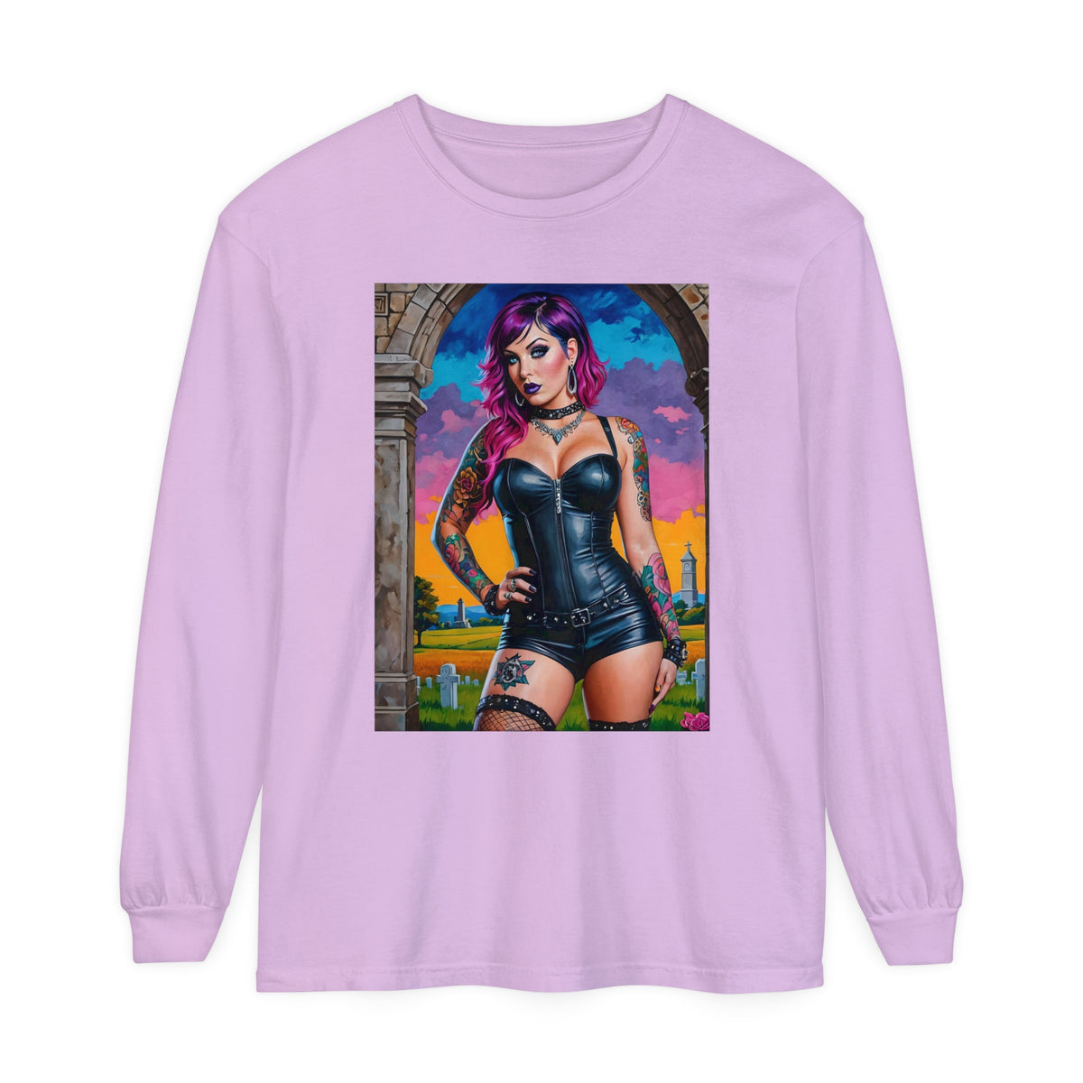 Goth Graveyard Girl Series - Design Three - Unisex Garment-dyed Long Sleeve T-Shirt