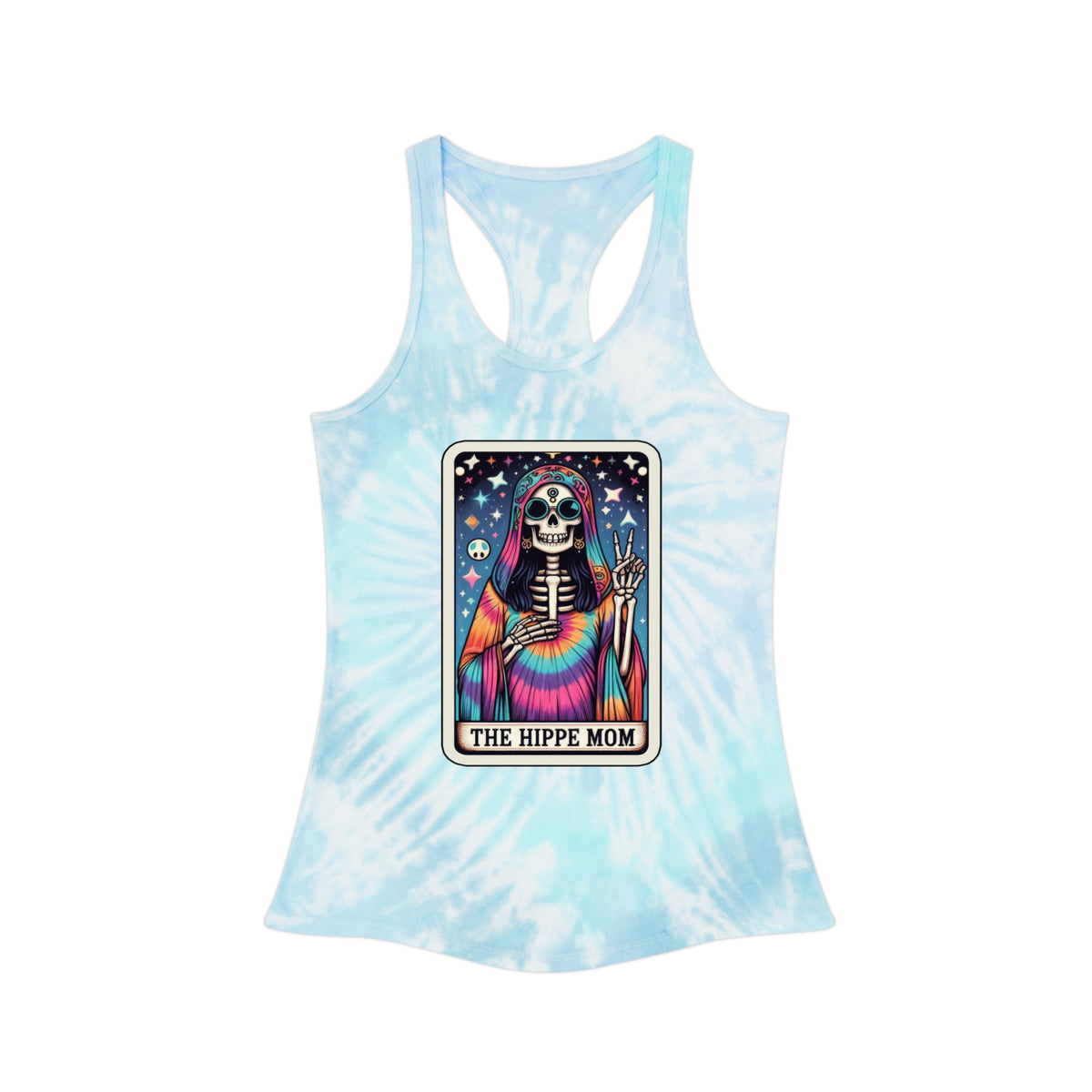 The Hippie Mom - Funny Skeleton Tarot Card Print - Tie Dye Racerback Tank Top