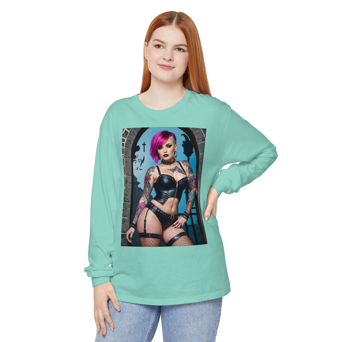 Goth Graveyard Girl Series - Design Six - Unisex Garment-dyed Long Sleeve T-Shirt