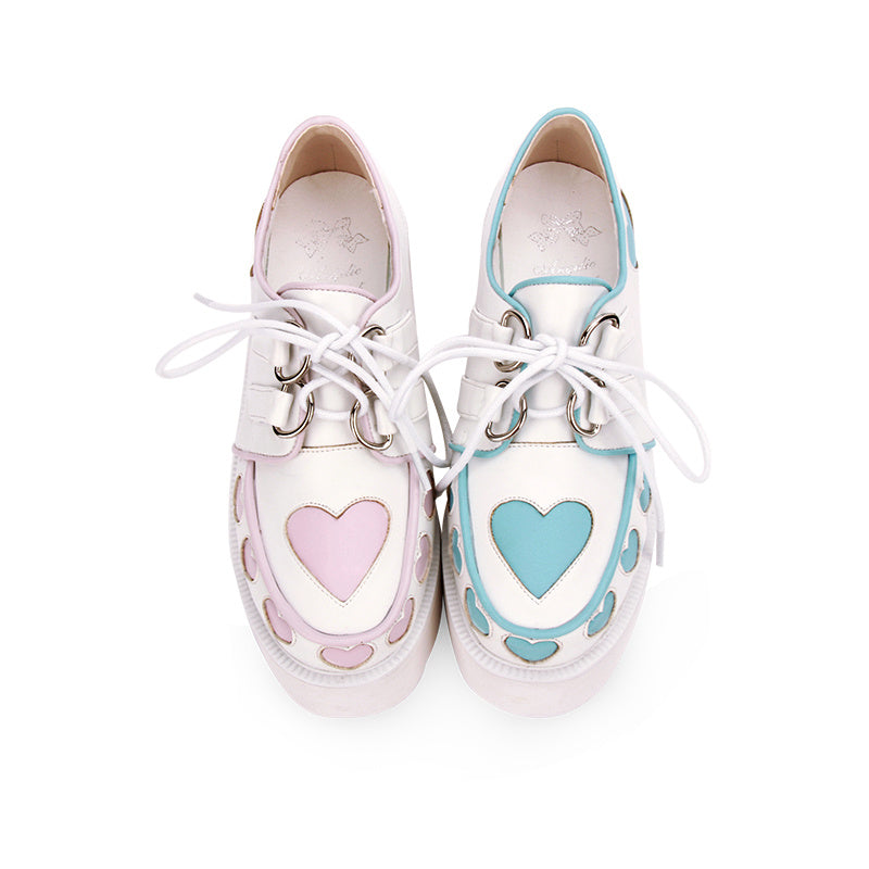 Harajuku Mismatch Pastel Goth Heart-Shaped Lace Up Stacked Platform Mary Jane Style Shoes