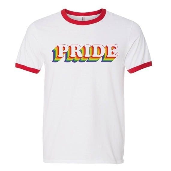 PRIDE Rainbow Block Letters Red Trim Casual Round Neck Short Sleeved Graphic Print Tee Shirts