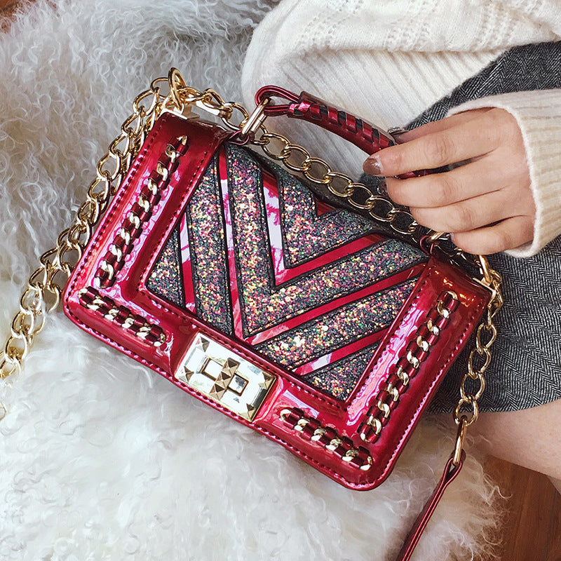 Cute Small Chevron Glitter Quilted Patchwork Shoulder Bag With Chain Strap