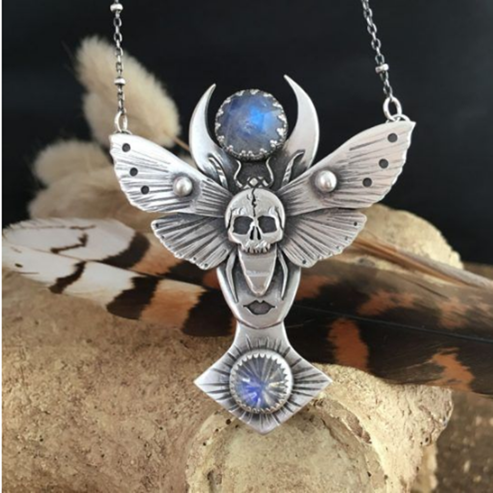 Vintage Skull Moth Moon Moonstone Necklace Exaggerated