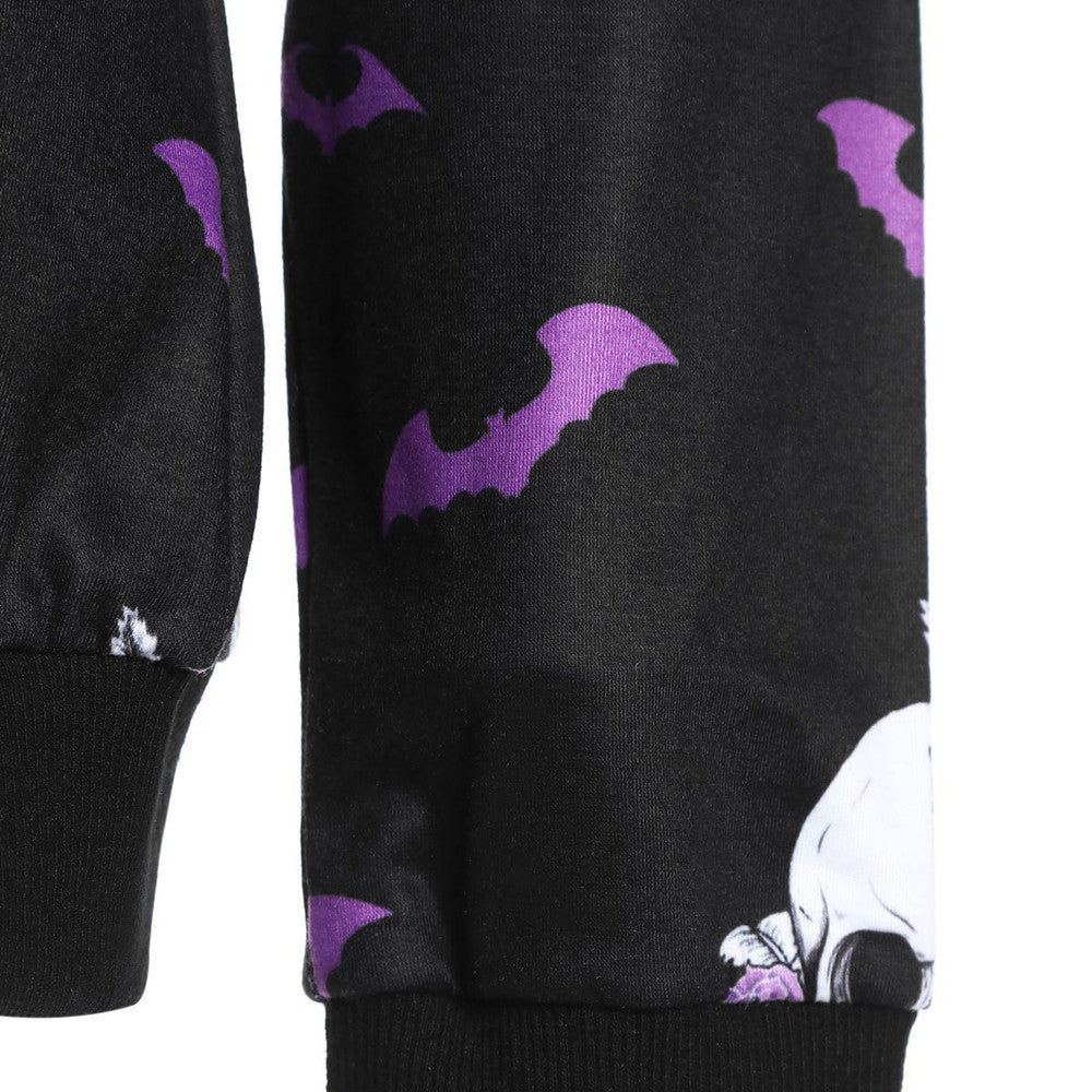 Purple Bats and Skulls All Over Print Long Sleeved Graphic Print Sweatshirt