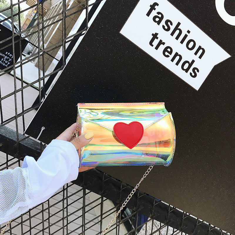 Transparent Laser Cut Holographic Red Heart Closure Pastel Rainbow Shoulder Bag With Chain Strap