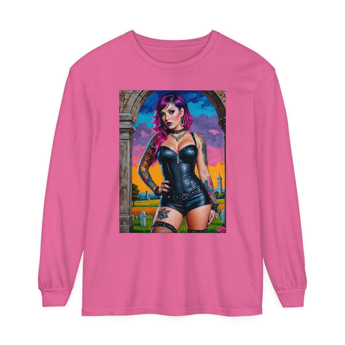 Goth Graveyard Girl Series - Design Three - Unisex Garment-dyed Long Sleeve T-Shirt