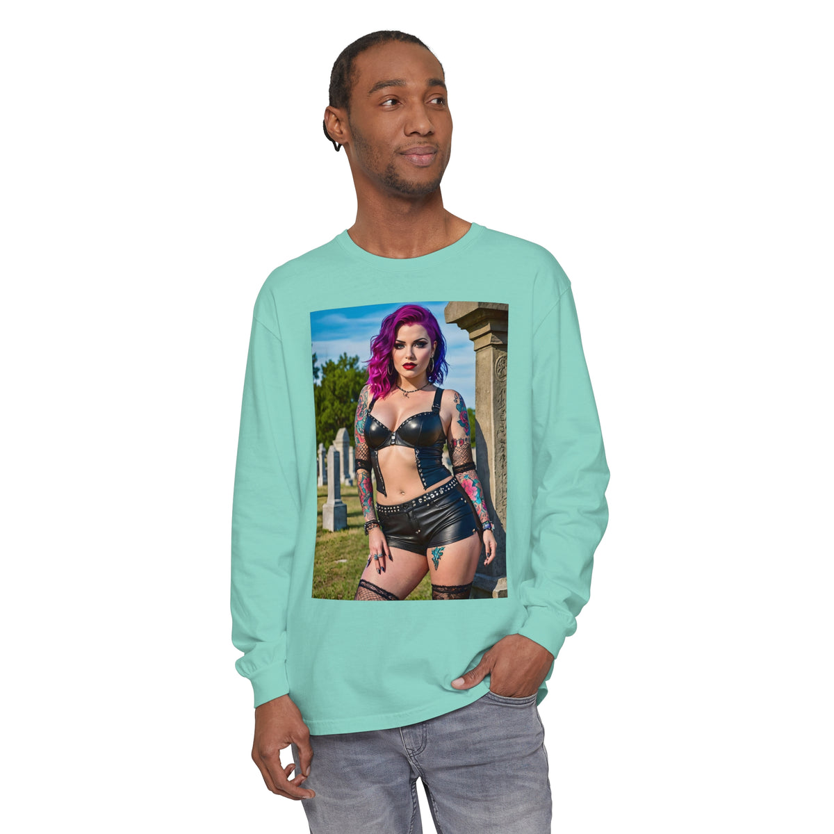 Goth Graveyard Girls Series - Design One - Unisex Garment-dyed Long Sleeve T-Shirt