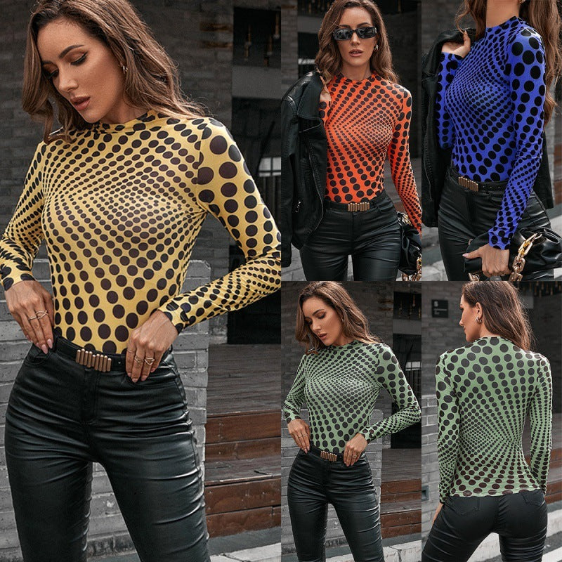 Slim Fit Slimming Polka Dot Pattern Graphic Print Mock Neck Collar Long Sleeve Blouse